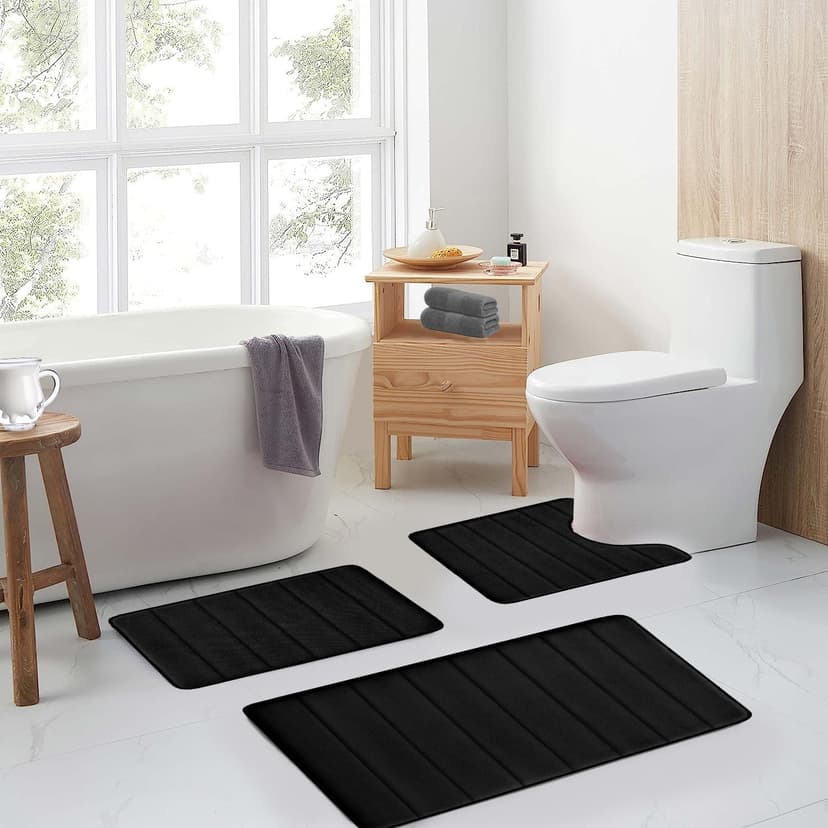 Bathroom Rugs Set Memory Foam Bath Rugs Non-Slip Bath Mat Set 3 Piece,Washable Bathroom Mats,Absorbent Shaggy Rugs Super Soft U-Shaped Toilet Rug,Bahroom Carpets for Bathroom,Tub,Shower（Black）