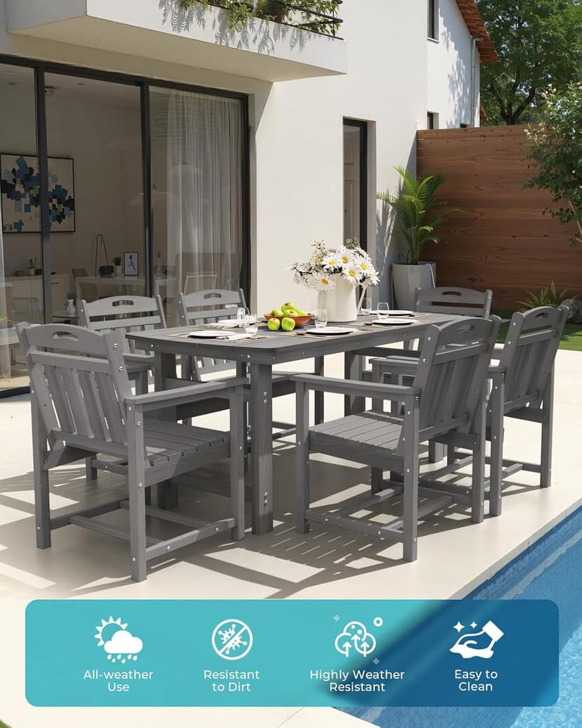 HDPE Outdoor Dining Set 7-Piece Patio Table and Chairs with Umbrella Hole, All-Weather Patio Dining Set for 6, Durable Patio Furniture Set for Backyard, Garden, Lawn & Poolside, Grey