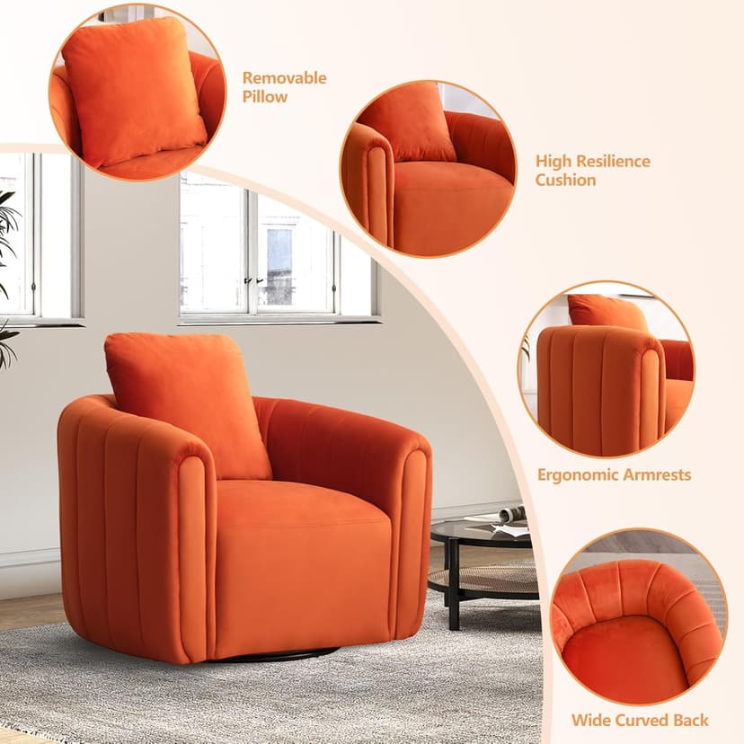 CANMOV Swivel Accent Chair with Pillow,360-degree Swivel Barrel Chair with Curve Backrest, Comfy Velvet Pumpkin-Shaped Round Armchair Modern Single Sofa for Living Room,Bedroom,Waiting Room,Orange