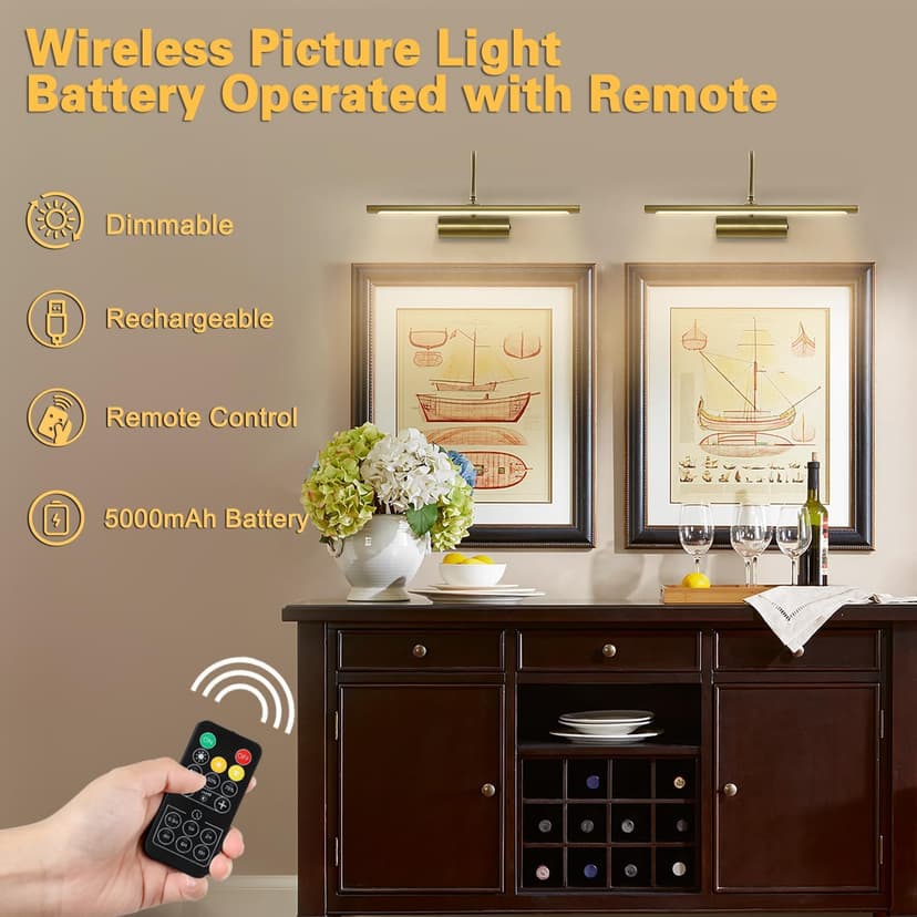 JOOSENLUX Battery Operated Picture Lights Gold Wall Lights Wireless Flexible Neck with Remote Rechargeable Wall Lights for Pictures 16" Dimmable Display Art Light with Timer 3000K Brass