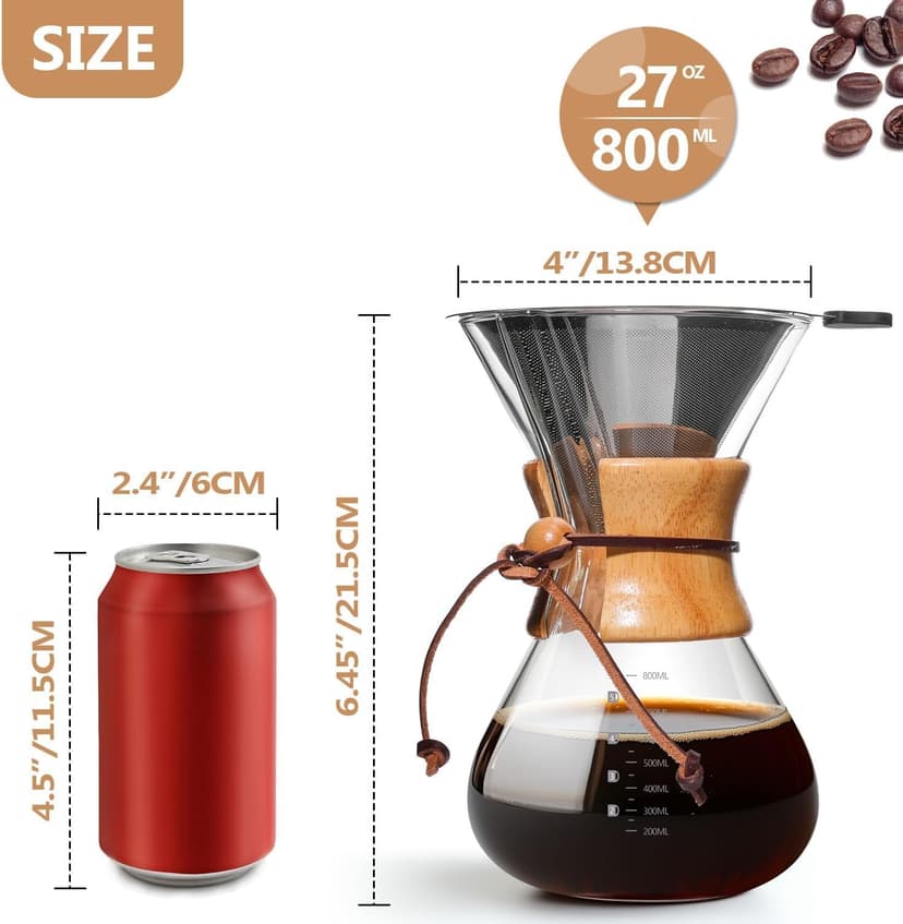 Pour Over Coffee Maker 27 OZ, 8 Cup Borosilicate Glass Drip Coffee Maker with Reusable Stainless Steel Filter and Cork Grip for Home Café 800 ML