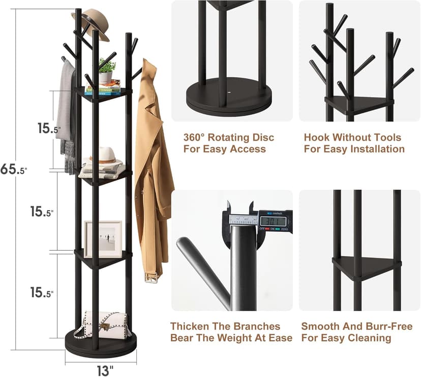 FILWH Bamboo Coat Rack Rotary Freestanding with Shelf Coat Tree Stand for Hallway Entryway with 9 Hooks and 3 Storage Shelves (Black)