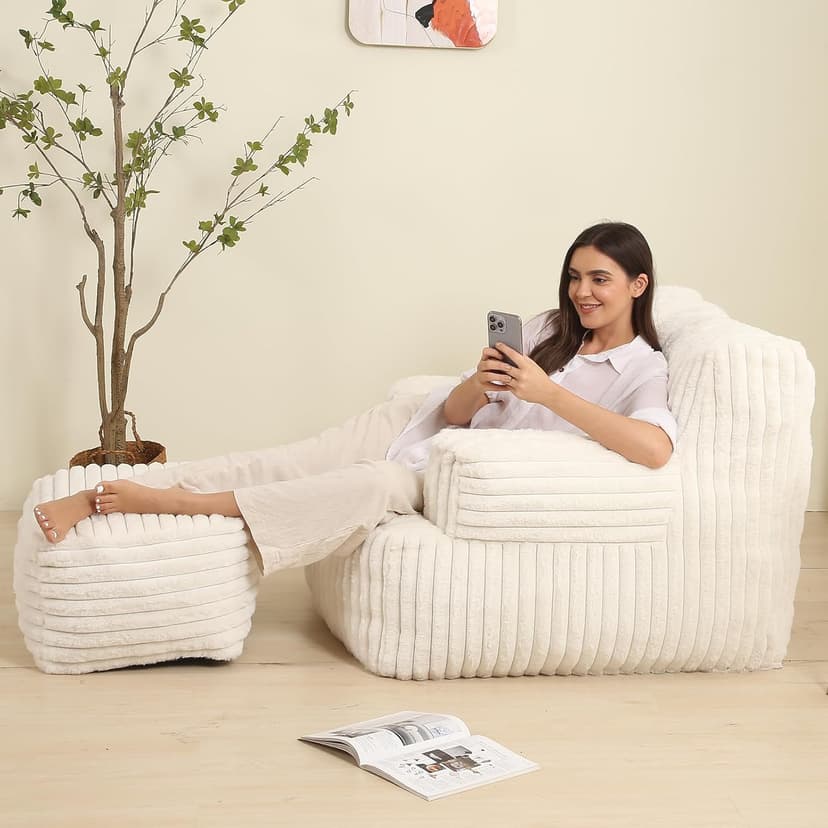 Comfy Gaint Bean Bag Chair with Ottoman, Fluffy Huge Bean Bag Armchair for Adults and Teens, Cream