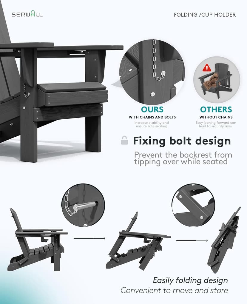 SERWALL Foldable Adirondack Chair, HDPE Adirondack Chair with Wood-Texture-Gray