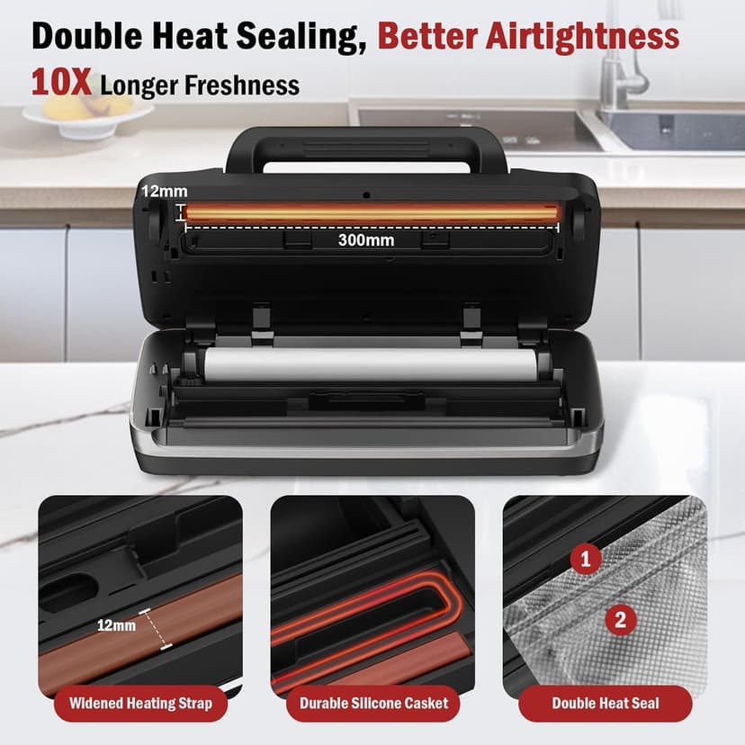 95kpa Vacuum Sealer Machine,Commercial Fully Automatic Food Sealer,10-in-1 Functions & Powerful Sealing System with Double Heat Seal,Easy-Lock Handle,Built-in Cutter,1 Bag Rolls and 10 Pre-cut Bags