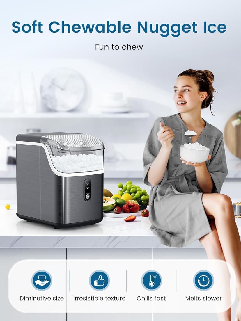 COWSAR Nugget Ice Makers Countertop Soft Chewable Pellet Ice Machine with Auto-Cleaning Function, 35Lbs/24H, Portable Ice Makers for Kitchen, Office, Home,Silver