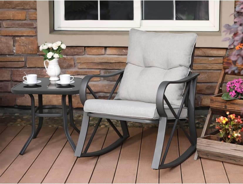 COSIEST 3 Piece Bistro Set Patio Rocking Chairs Outdoor Furniture w Warm Gray Cushions, Glass-Top Table for Garden, Pool, Backyard