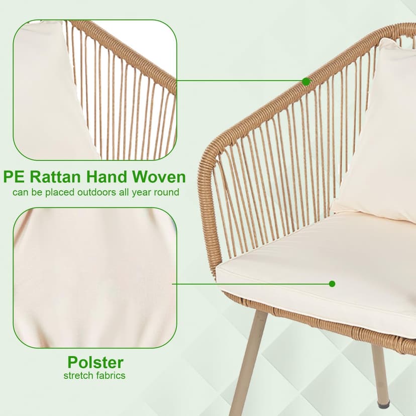 FDW 3-Piece Outdoor Furniture Modern Patio Bistro Set Rattan Conversation Set Wicker Patio Furniture Set with 2 Chairs Coffee Table Cushions Lumbar Pillows for Patio Outdoor Backyard Porch, White