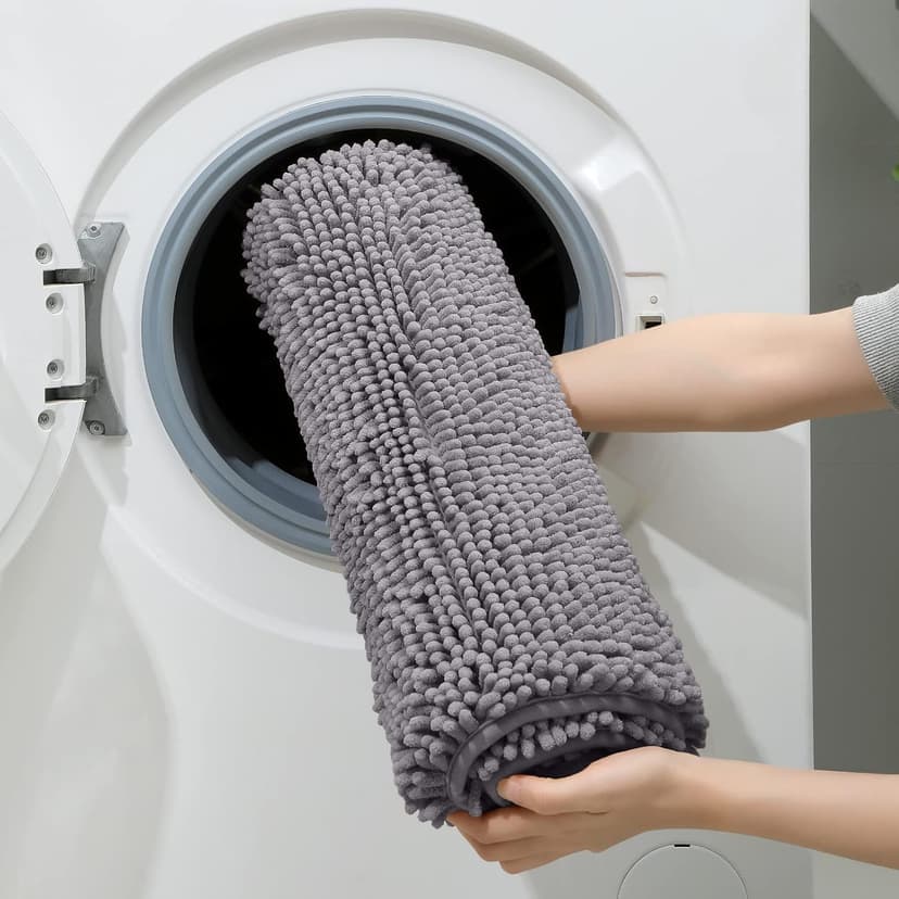 HOMEIDEAS 3 Pieces Bathroom Rugs, Ultra Soft Non Slip Absorbent Chenille Toilet Bath Mat Set (Grey)