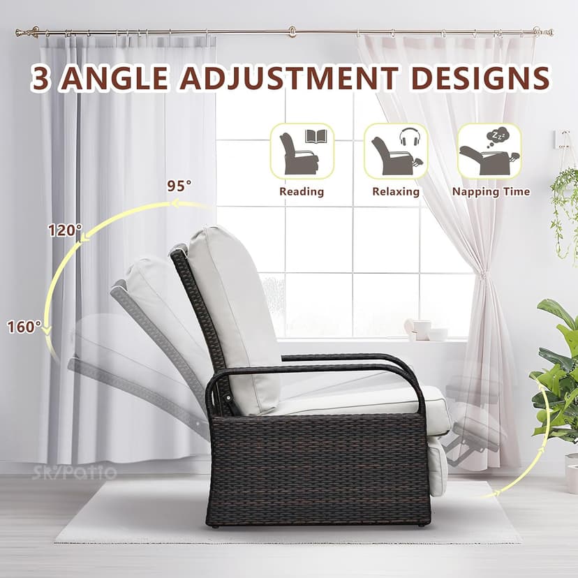 Skypatio Outdoor Recliner Chair, Adjustable All-Weather Wicker Oversized Patio Reclining Chair, Aluminum Patio Rattan Armchair with Thick Cushion for Porch, Balcony, Indoor