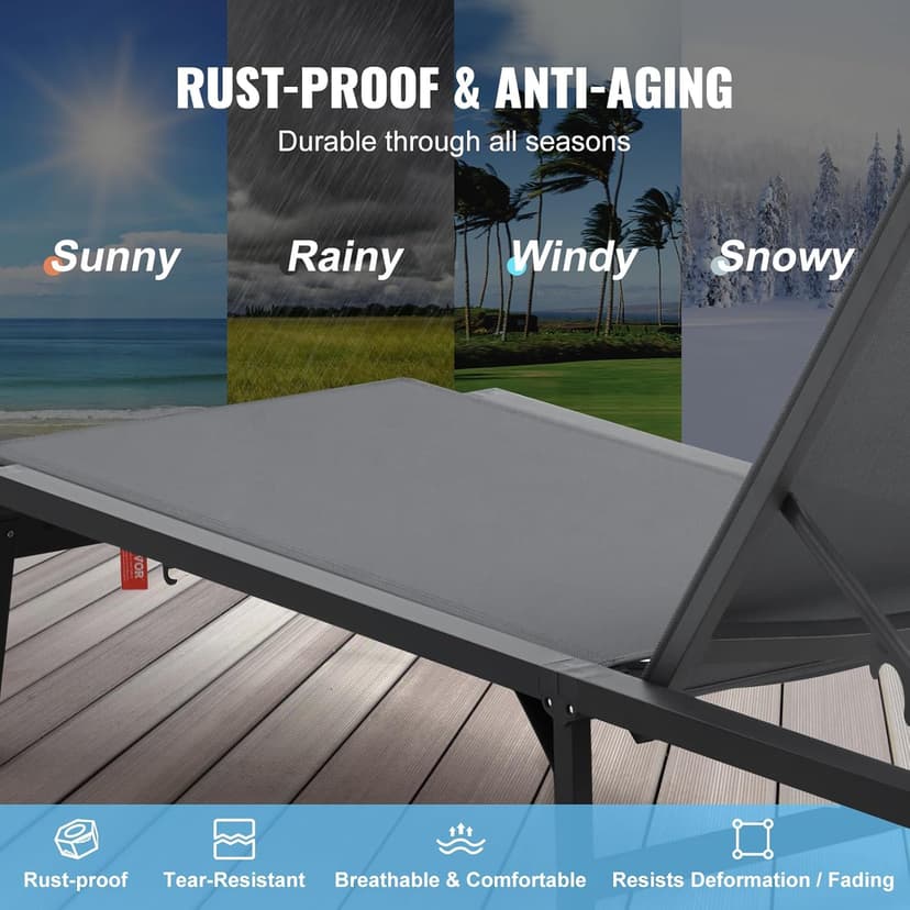 VEVOR 2 Pcs Chaise Lounge Chairs Outdoor, Aluminum Patio Lounge Chair with Adjustable 5-Position, Folding Pool Chairs Recliner and Full Flat Tanning Chair for Patio, Beach, Pool, Grey, 2 pcs