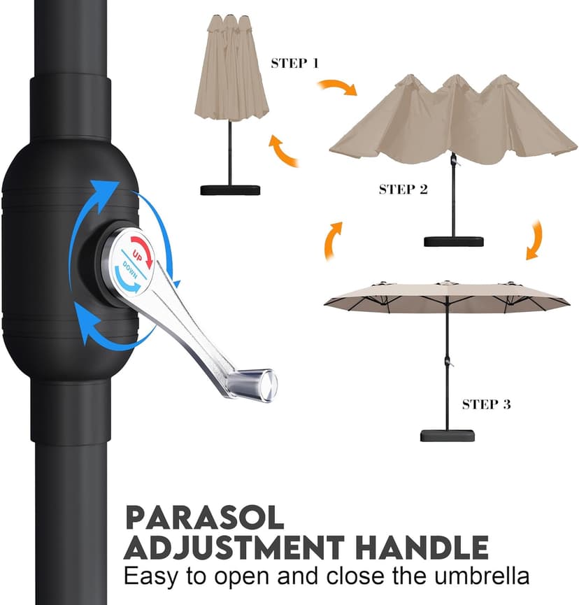 15ft Patio Umbrella with Base,Large Outdoor Double-Sided Rectangle Umbrella with Crank Handle, Market Umbrella for Poolside Garden Deck Backyard Beach Pools, Beige
