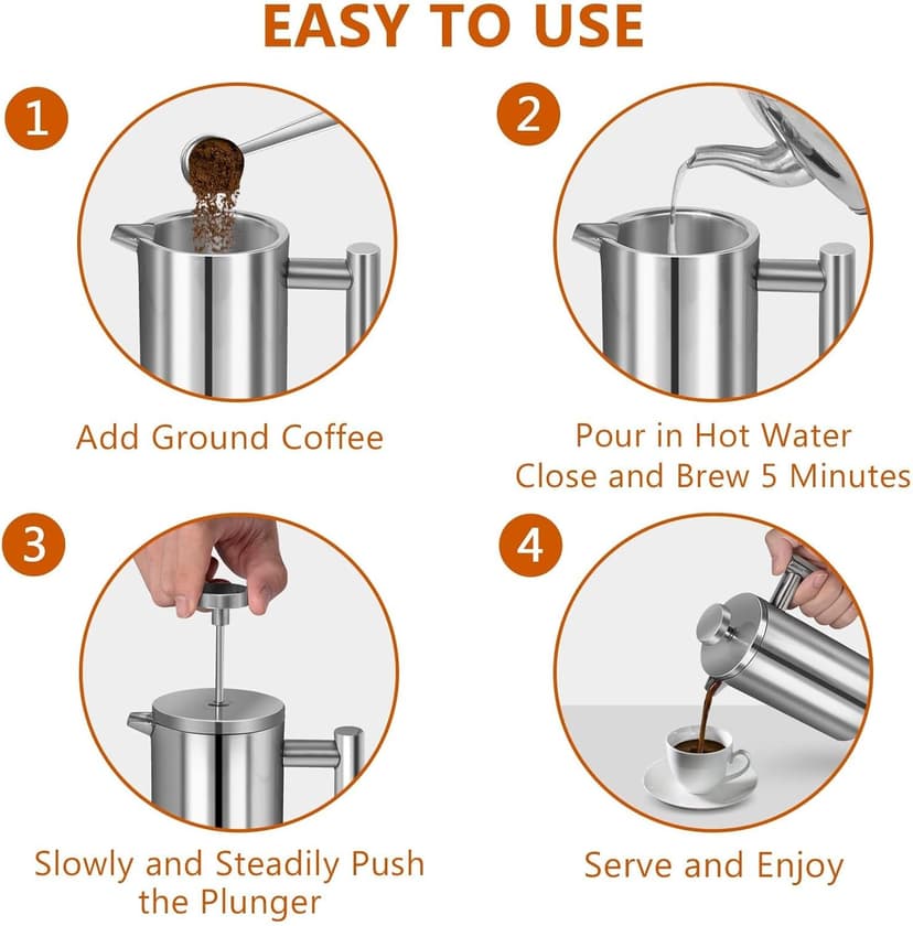 French Press Coffee Maker 50oz, 304 Stainless Steel Double Wall Insulated, Portable Coffee Press for Camping, Backpacking, Kitchen, Gift Set with Stainless Steel Filter - Silver