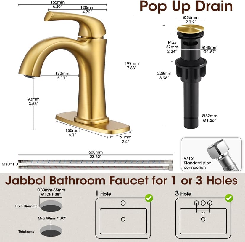 Brushed Gold Single Hole Bathroom Faucets, Single Handle Brass Bathroom Sink Faucet for 1 or 3 Holes, Vanity Faucet with Pop Up Drain and Supply Lines, Deck Plate