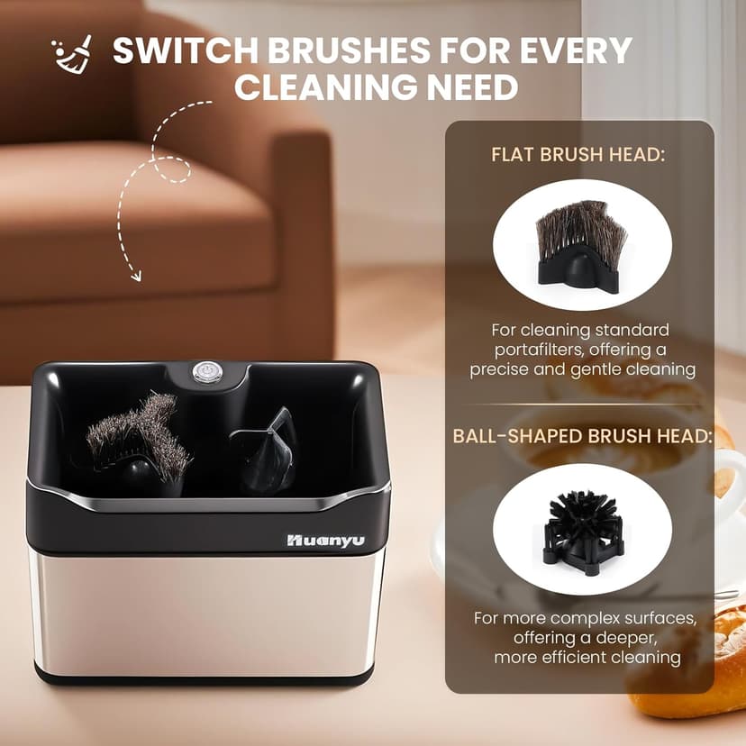 Huanyu Flat Burr Coffee Grinder with 19 Grinding Settings Large Capacity 35oz Black and Huanyu Electric Espresso Portafilter Cleaner with Dual Brush Heads and Three Scrapers Bundle