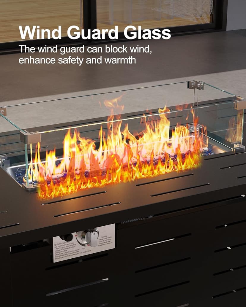 44" Outdoor Propane Fire Pit Table, 48,000 Btu Lp Gas Rectangular Fire Table with Ignition Systems and Lid,Outdoor Firetable with Glass Rocks for Patio Deck Garden Backyard