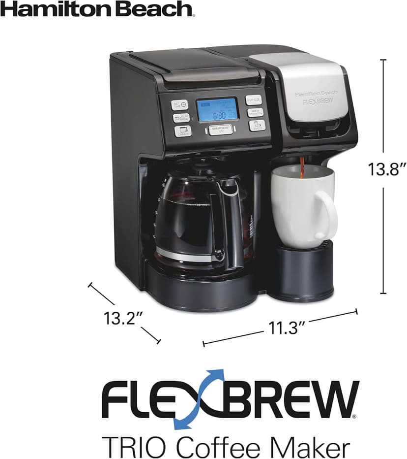 Hamilton Beach FlexBrew Trio 2-Way Coffee Maker, Compatible with K-Cup Pods or Grounds, Combo, Single Serve & Full 12c Pot, Black - Fast Brewing (49902)