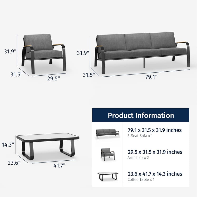 EAST OAK 5 Seats Patio Furniture Set, Waterproof Outdoor Patio Furniture with Thick Cushion, 4-Piece Outside Conversation Set with Coffee Table for Garden and Yard, Misty Grey