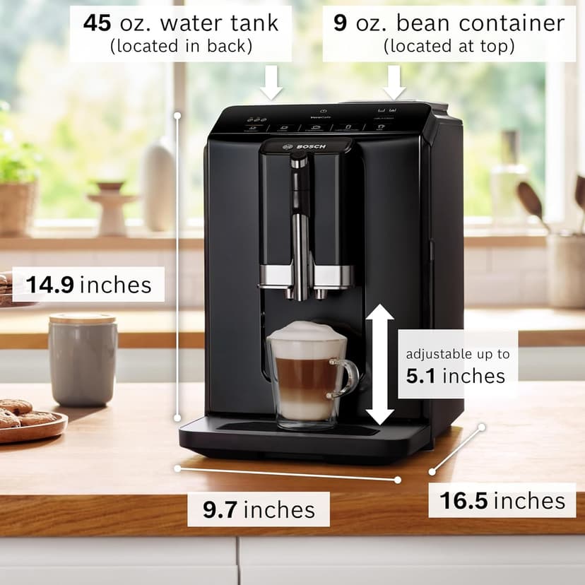 Bosch 300 Series Fully Automatic Espresso Machine – In-Cup Frother, OneTouch Milk Drinks, 5 Drink Options, Ceramic Grinder, Easy Clean & Descale, in Black