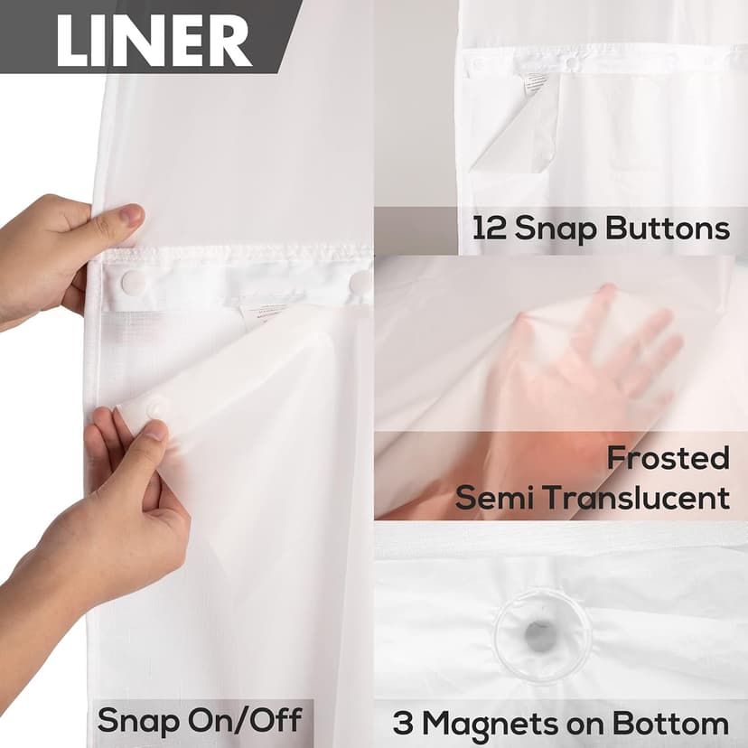 No Hook Slub Textured Shower Curtain with Snap-in PEVA Liner Set - 71" x 74"(72"), Hotel Style with See Through Top Window, Fabric Outer Curtain & Waterproof Inner Liner, White, 71x74