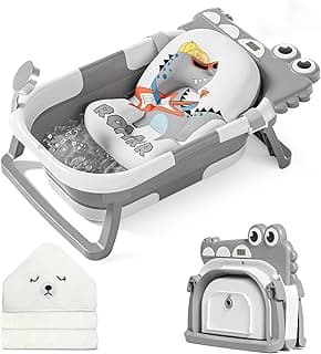 MoreFeel Collapsible Baby Bathtub for Newborn with Thermometer & 1 Hooded Towel & 1 Soft Floating Cushion,Portable Travel Bathtub with Drain Hole, Durable Foldable Baby Tubs for Infants to Toddler