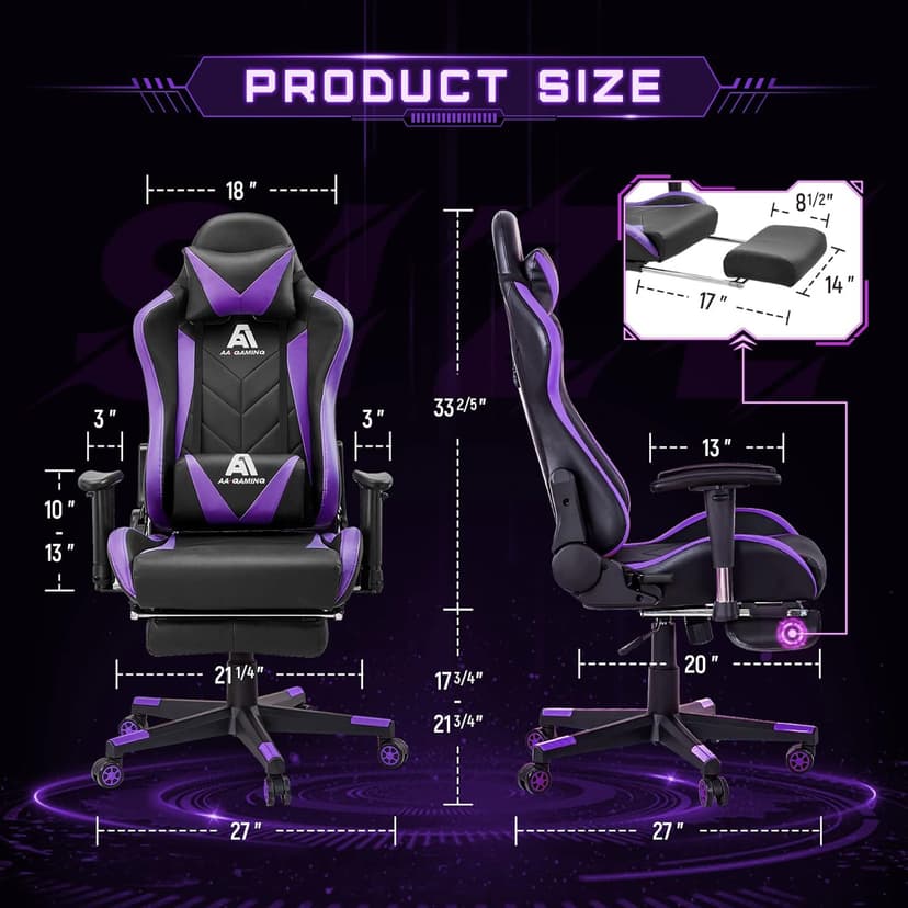 Gaming Chair High Back Ergonomic Computer Racing Chair Adjustable Office Chair with Footrest, Lumbar Support Swivel Chair - Upgraded Version BlackPurple
