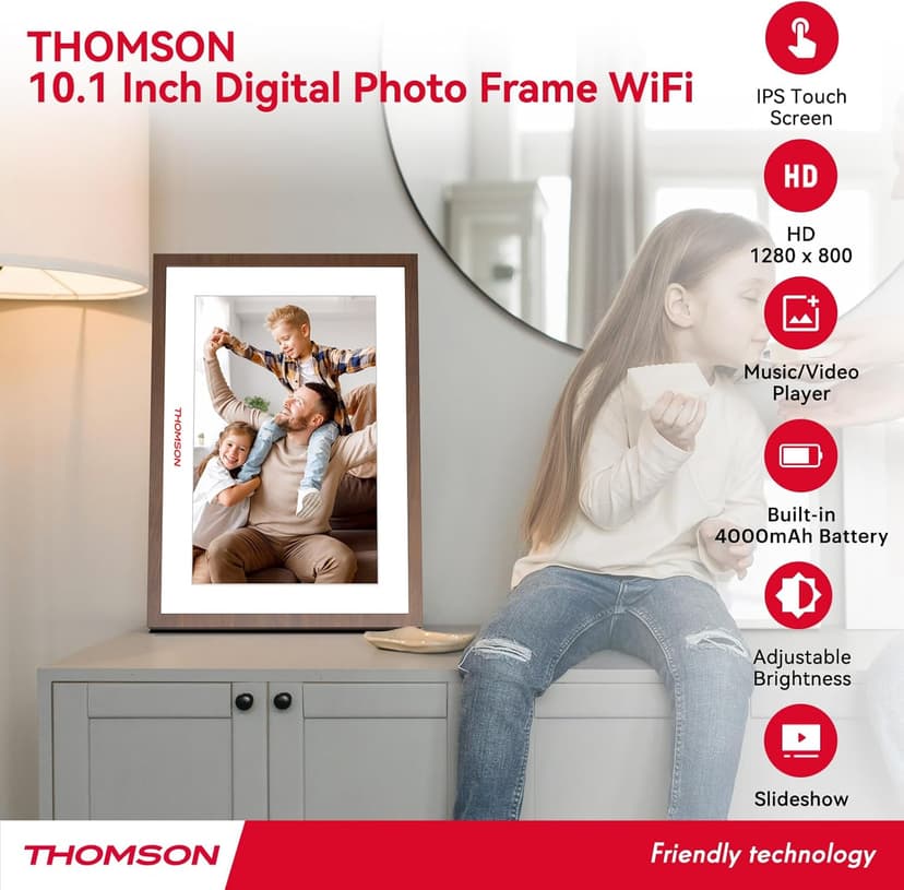 Digital Picture Frame with 4000mAh Battery, Digital Photo Frame WiFi with 32 GB, HD IPS Touch Screen, Auto-Rotate, Slideshow, Share Photos/Videos from Phone by App (10.1Inch Battery)