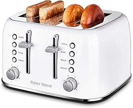 Toaster 4 Slice Retro Stainless Steel with Extra Wide Slots Bagel, Defrost, Reheat Function, Dual Independent Control Panel, Removable Crumb Tray, 6 Browning Levels, White