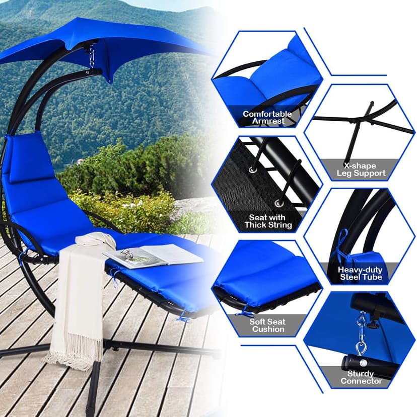 S AFSTAR Hammock Chair with Stand, Hanging Chaise Chair with Removable Canopy & Built-in Pillow, Hanging Curved Chaise Lounge Chair Swing for Porch Patio Poolside (Navy)