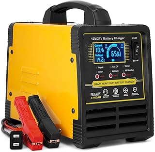 12V 24V Lead-Acid Battery Charger Heavy Duty, 0-15A Smart Automatic Battery Maintainer, Trickle Charger with Repair, Auto Off, Winter Summer Mode, for Car Truck Boat Motorcycle RV Lawn Mower (Yellow)
