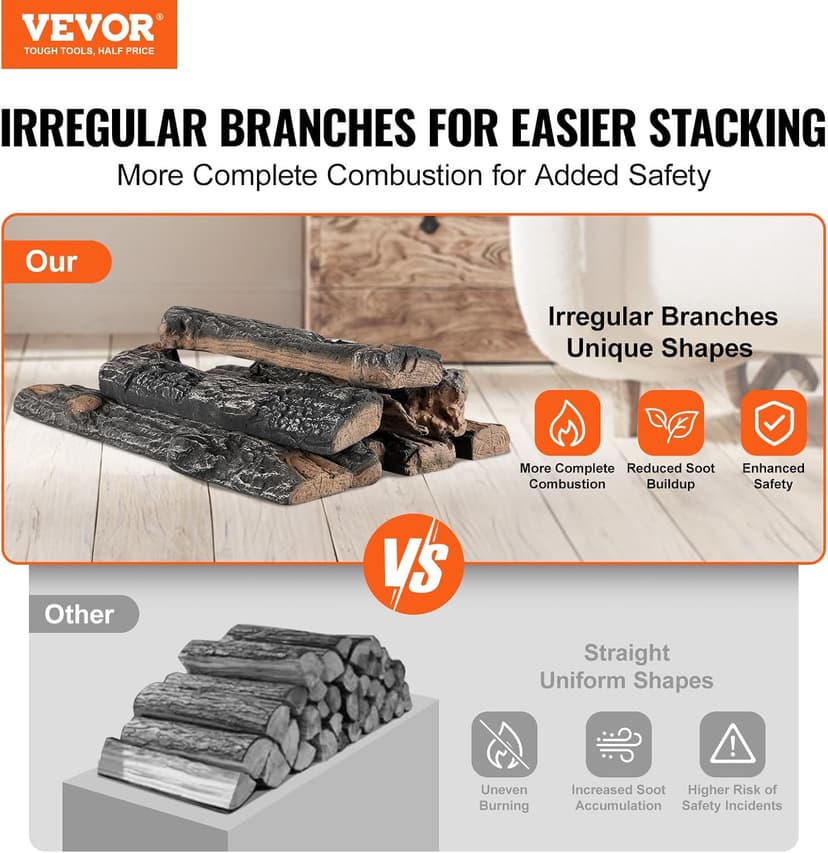 VEVOR 8 Pcs Oak Logs, Gas Fireplace Ceramic Logs for Fire Place, Heat-Resistant Wood Log Gas Realistic Logs, Stackable Wood Branches for Gas Fireplace, Firebowl Indoor or Outdoor