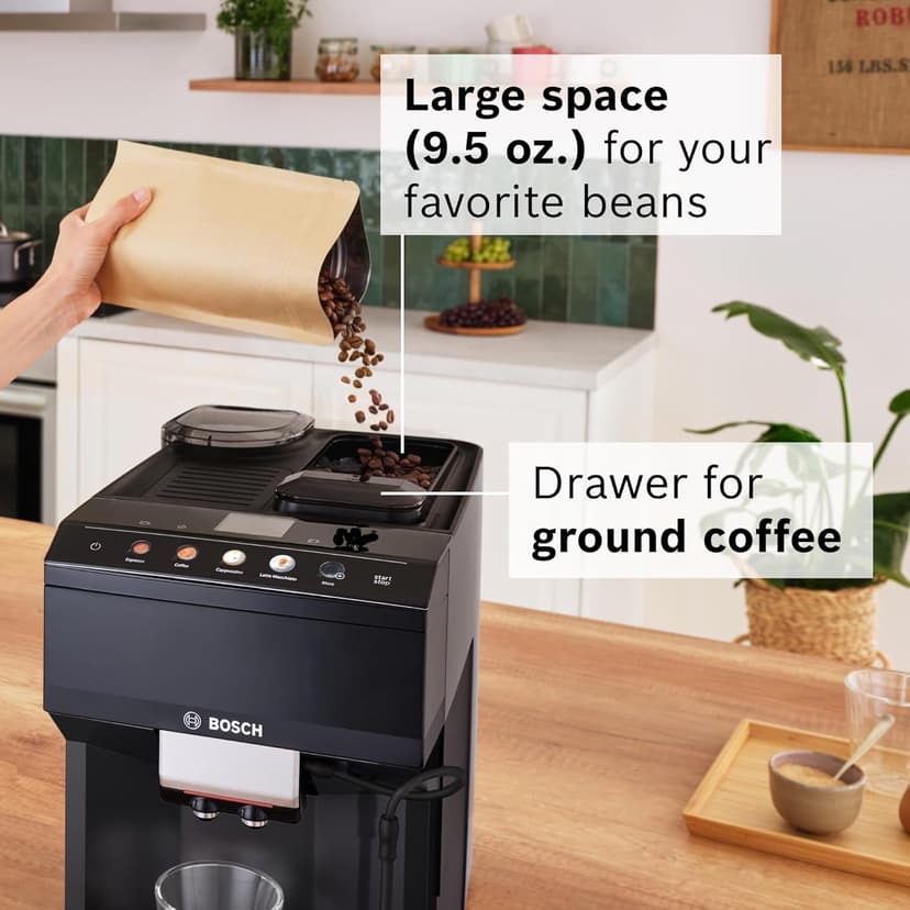 Bosch 500 Series Fully Automatic Espresso Machine – Touch Control Panel, Milk Hose, Ceramic Grinder, Uses Beans & Ground Coffee, 9 One-Touch Drinks, in Black TPU40109