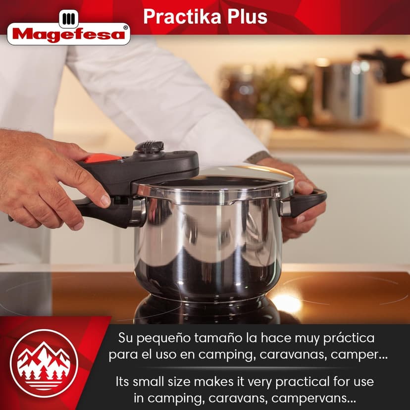 Magefesa Practika Plus, 8-Quart Pressure Cooker, 18/10 stainless steel, Induction Compatible, 5-Layer Heat Diffuser Bottom, 5 Safety Systems, Even Heat Distribution