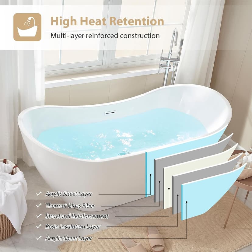 Vanity Art 71" Freestanding Bathtub | Free Standing Tub Stand Alone Tub with Contemporary Design for Soaking and Bathing, Overflow and Pop-up Drain with UPC Certified, Acrylic, VA6517-PW