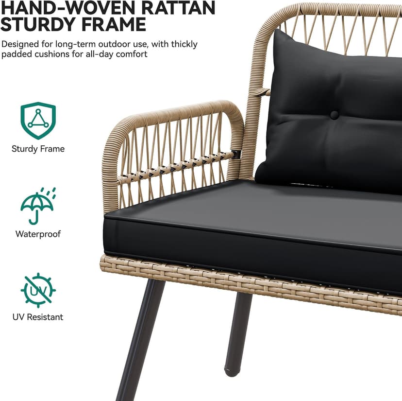 YITAHOME Patio Wicker L-Shaped Furniture Set, All-Weather Rattan Outdoor Conversation Sofa Set for Backyard Deck with Soft Cushions,Ottomans and Plastic Wood Dining Table (Light Brown+Black)