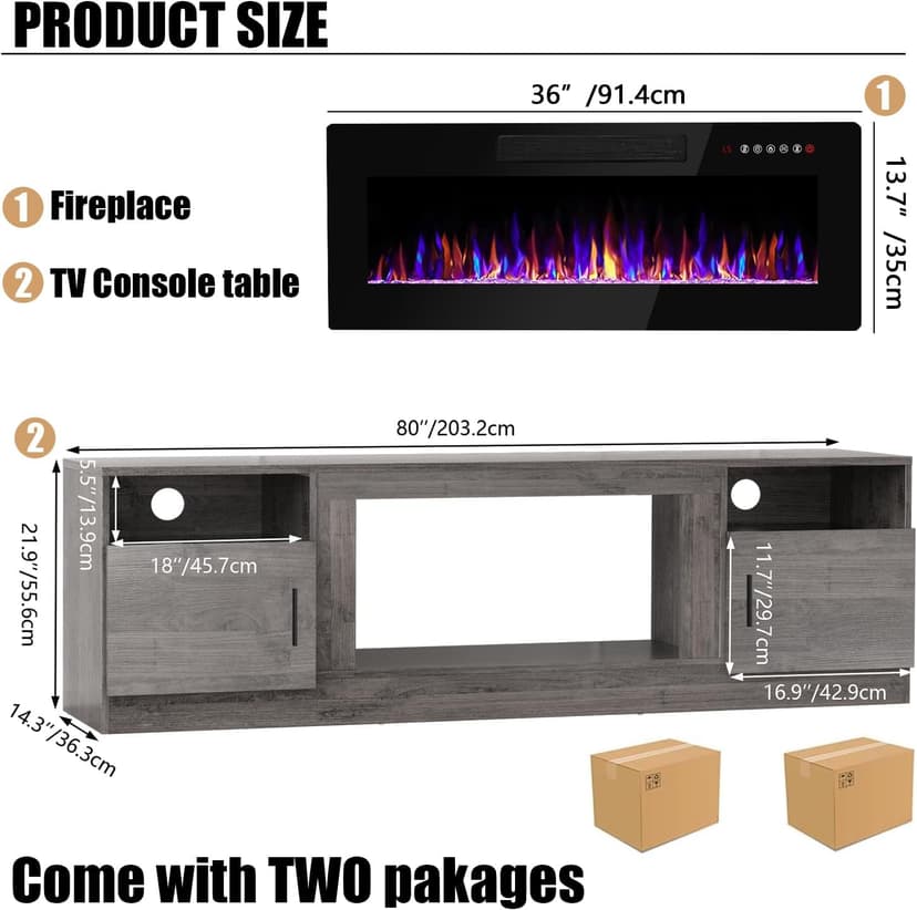 VITESSE TV Stand with 36" inch Electric Fireplace Up to 90" TVs, LED Light Entertainment Center, 80" Modern Wood High Gloss Fireplace with Highlight Storage Cabinet for Living Room (Gray)