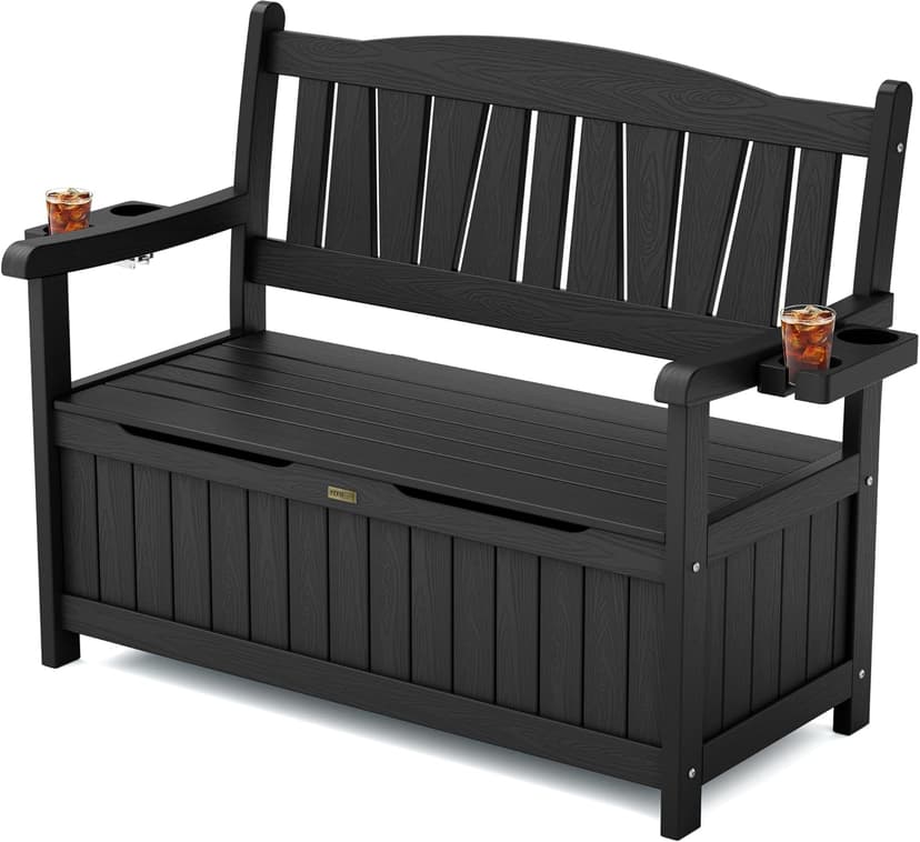 YEFU Outdoor Storage Bench for Patio: Heavy Duty Garden Bench with 96° High Backrest & Oversized Seating - HIPS Weatherproof Patio Bench with Storage for Porch Park Backyard, Black