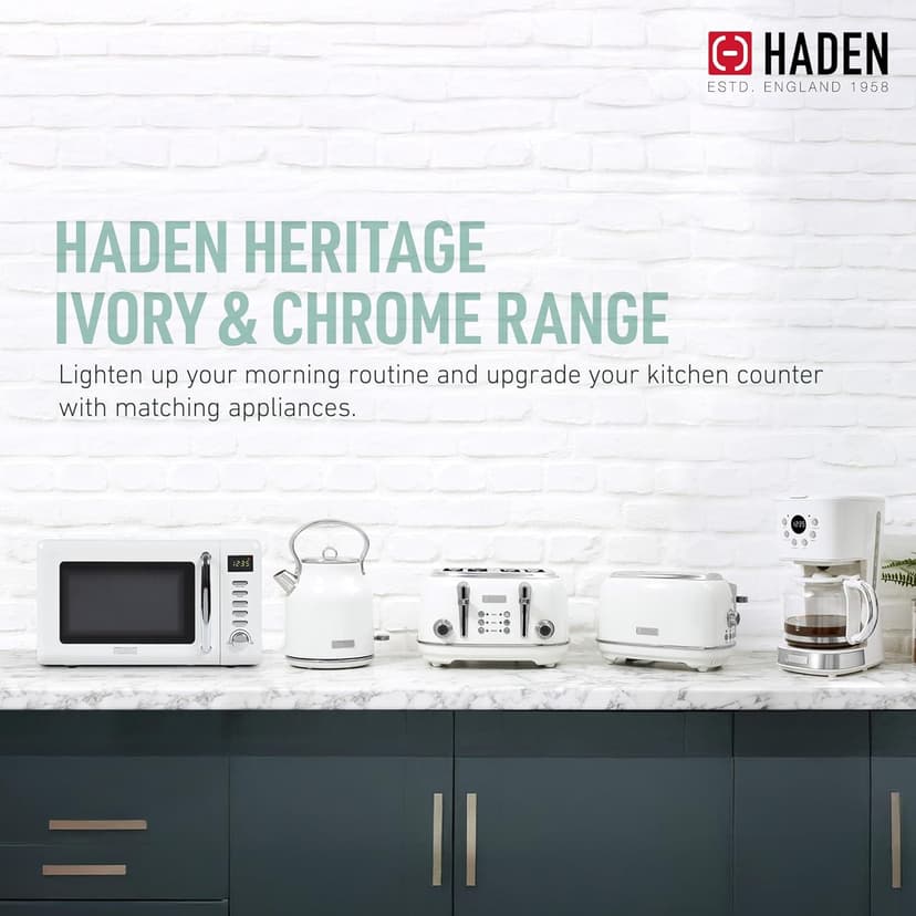 HADEN Heritage Stainless Steel Body Retro Electric Tea Kettle, White and Haden Heritage 4 Slice Wide Slot Stainless Steel Retro Toaster, White