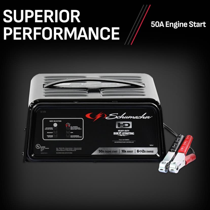 Schumacher Electric 6A Battery Charger and 50A Engine Starter, 4-in-1 Solution for 12V Batteries, Battery Maintainer, 10A Boost, SC1305, for Car, SUV, Truck, and Marine Batteries