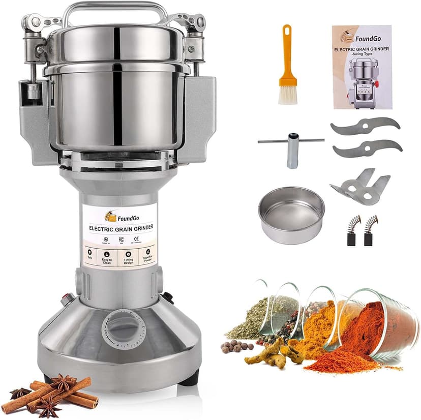 FoundGo Electric Grain Mill 10.6oz/300g Commercial Grain Grinder Stainless Steel Powder Grinding Machine 25,000rpm Pulverizer for Spice/Coffee/Flour/Pepper/Herb Superfine (300g, Standing)