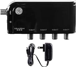 GE 4-Way HD Digital TV Antenna Amplifier, Low Noise Antenna Signal Booster, Clears Up Pixelated Low-Strength Channels, Supports Multiple HD Smart TVs, AC Adapter, Black, 34479
