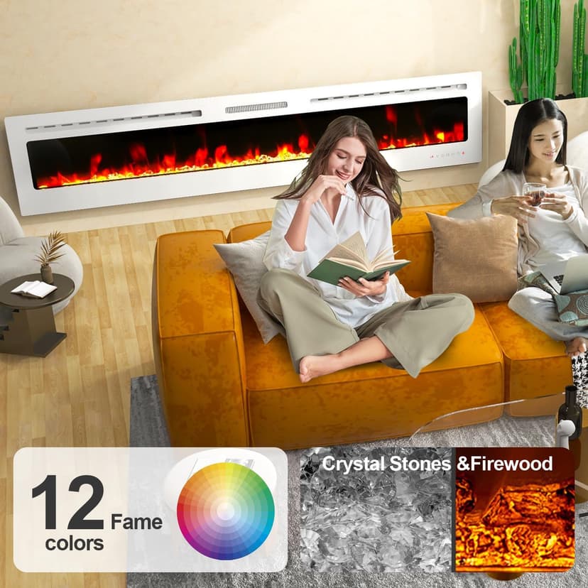 80" Electric Fireplace Wall Mounted & Recessed with Remote, 750w/1500w Ultra-Thin Wall Fireplace Inserts, Electric Fire Place W/8H Timer, Adjustable Flame Colors and Brightness Silent
