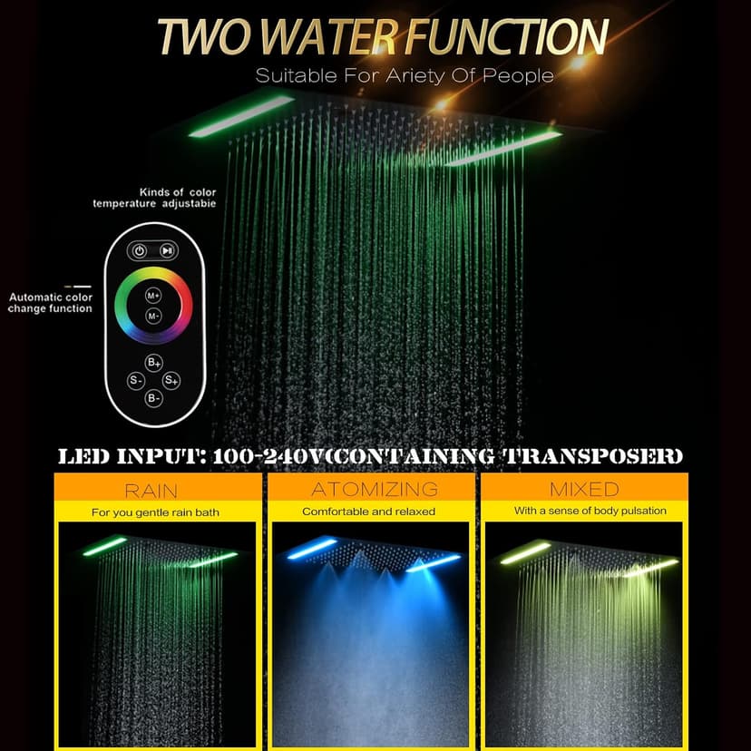 14 X 20 Inch LED Rain Ceiling Shower Head with Hand Sprays Thermostatic Rainfall Shower System Set Digital Display Matte Black