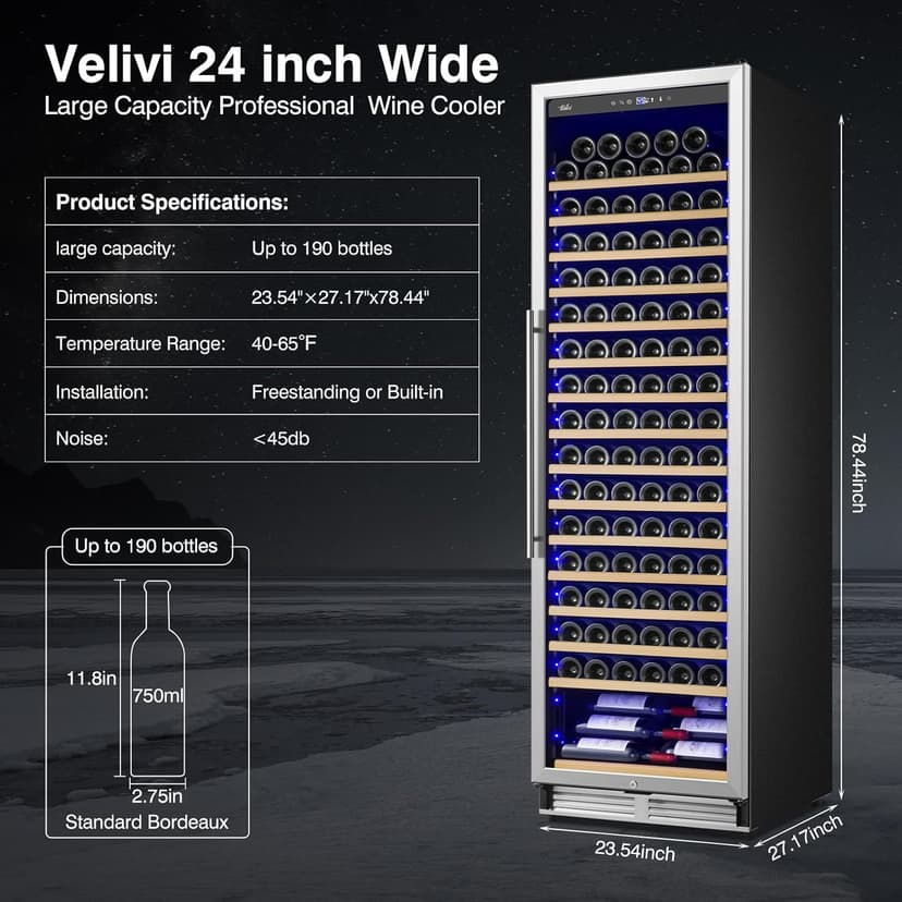 Upgraded 24 Inch Wine Cooler Refrigerator, 190 Bottles Wine Fridge with Professional Temperature Control System, Freestanding or Built-in installation, Quiet Operation