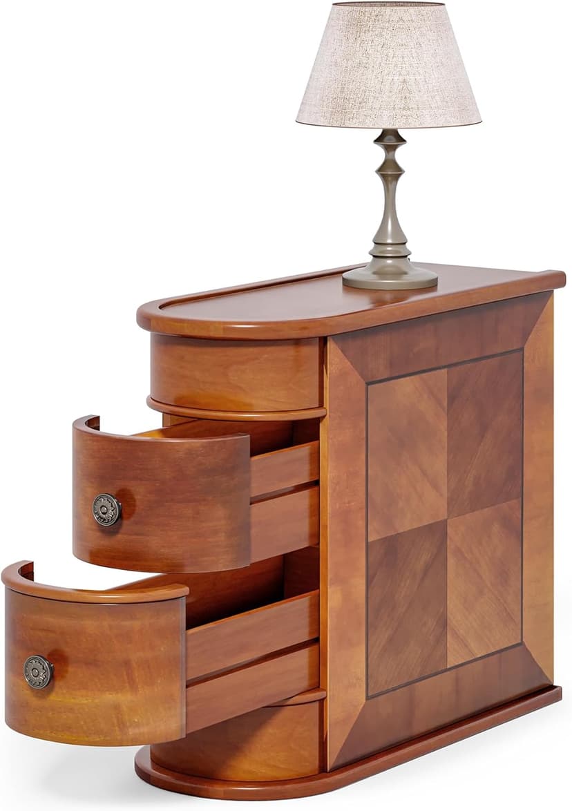 LITTLE TREE Wood End Table with 2 Drawers Sofa Side Table, No Assembly Required Vintage Slim Nightstand Bedside Table for Bedroom