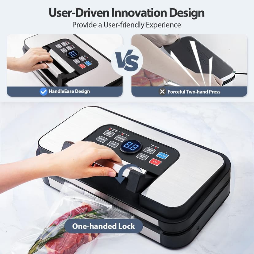 95Kpa Powerful Precision Pro Vacuum Sealer, with 10-in-1 Functions, Easy-Lock Handle, Double Heat Seal & Double Pump, Vacuum Sealer Machine for Food with Bags Storage, Built-in Cutter, Stainless Steel