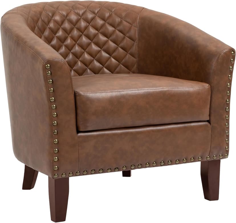 UIXE Faux Leather Accent Chairs Set of 2, Barrel Club Chair Modern Upholstered Armchair for Living Room, Comfy Nailed Trim Arm Chair Bedroom Reading Seat, Brown