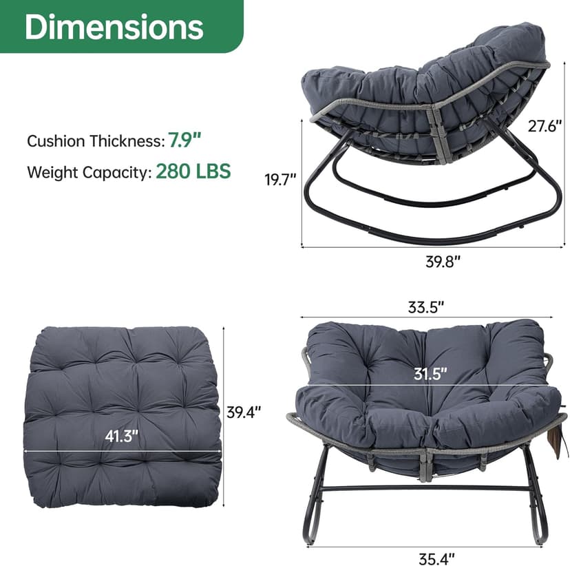 LotFun Papasan Rocking Chair, Outdoor Patio Rocking Chairs with Thick Cushion and Removable Side Pockets, Oversized Rocker Egg Chair for Bedroom, Porch, Garden (Dark Grey, 33" W x 40" D x 28" H)