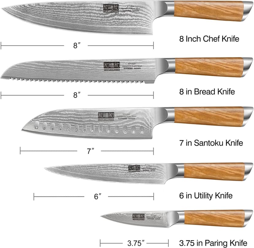 5 Pieces Kitchen Knife Sets, Ultra Sharp Professional Damascus Super Steel Chef Knives Sets with Ergonomic Olive Wood Handle, Including Chef, Bread, Santoku, Utility & Paring Knives