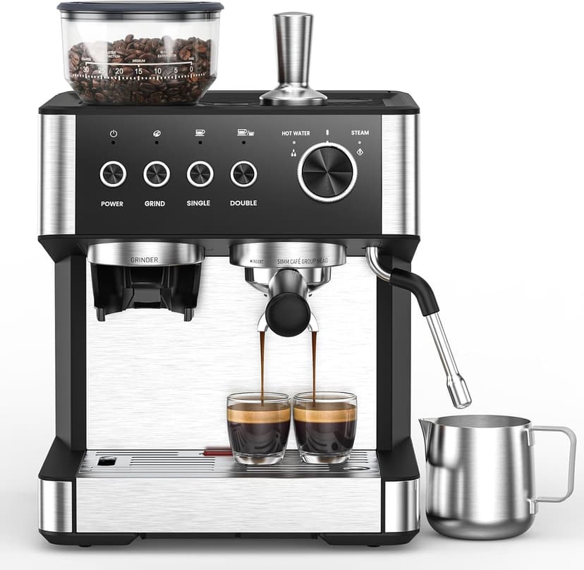 (2025 Upgrade)20 Bar Espresso Machine with Built-in Anti-Clog Coffee Grinder, Expresso Coffee Machines with Milk Steam Wand/Frother/Tamping Tools,Espresso Maker with Grinder for Lattes-Deep Black